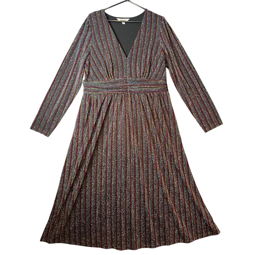 Boden Metallic Stripe Long Sleeve Sweater Dress Burgundy Multi Stripe‎ Sz 14 R